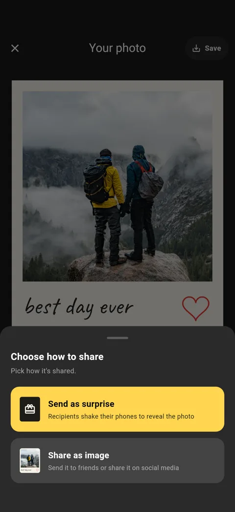 Share sheet: send as surprise or share as image