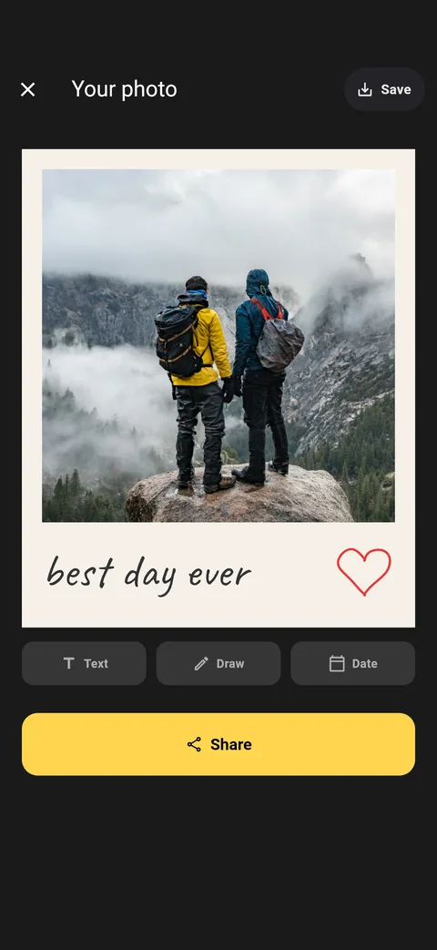 The finished snap: a caption and a red heart on the white border